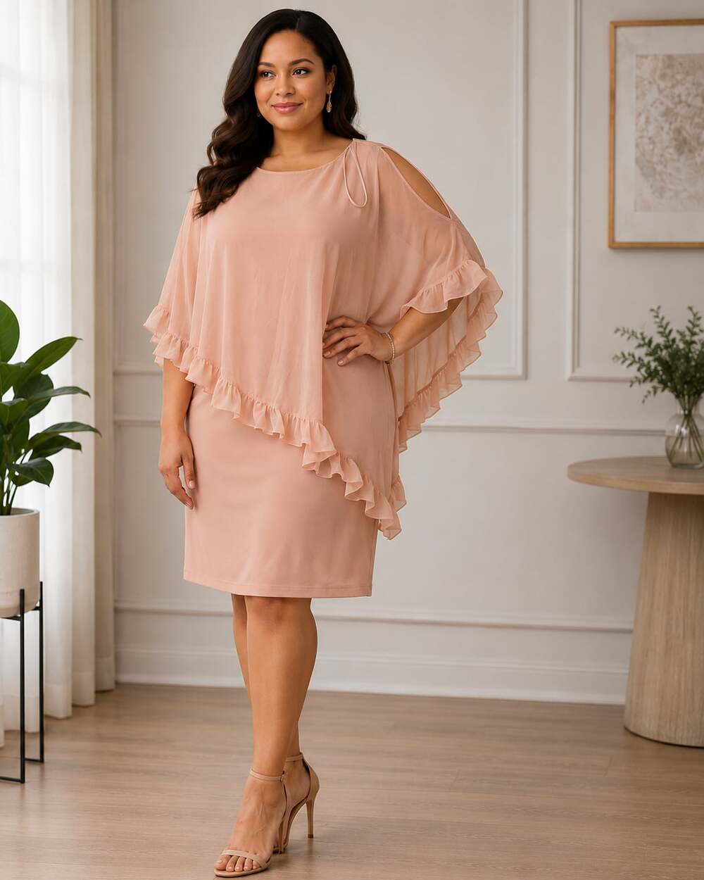 XSCAPE Blush Pink Chiffon Cape Overlay Cocktail Dress Women's Size 8 Made USA